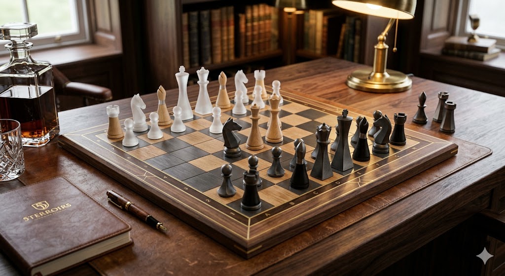 Un jeu d'échecs stylisé sur un bureau en bois noble, symbolisant la stratégie et l'excellence du blog 5terroirs.fr. À côté de l'échiquier, un carnet en cuir marqué '5 Terroirs' et une plume évoquent la rigueur des méthodes Porter et Wu Xing face à la gestion des risques