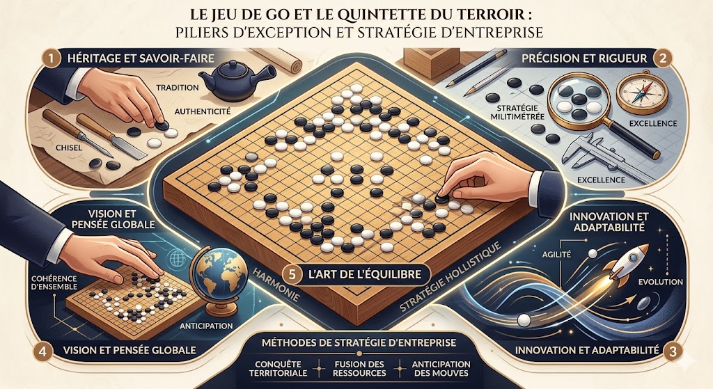 Jeu de go stratégique : un goban traditionnel en bois avec des pierres noires et blanches, ainsi que des produits du terroir d'exception (caviar, foie gras, miel de cru, truffe noire, cochon noir). Une main d'homme d'affaires place un pion, symbolisant le maillage stratégique du Quintette B2B.